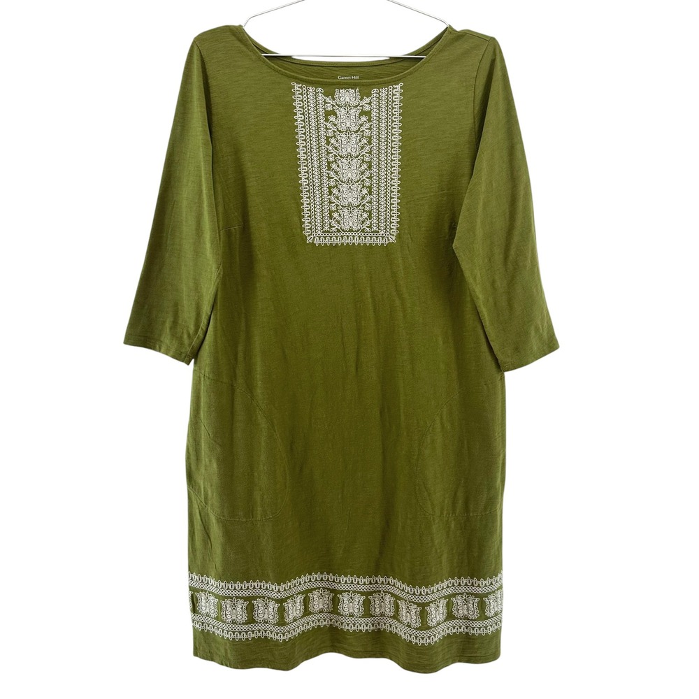 GARNET HILL Organic Cotton Embroidered Shift Dress • Medium • olive green • boho